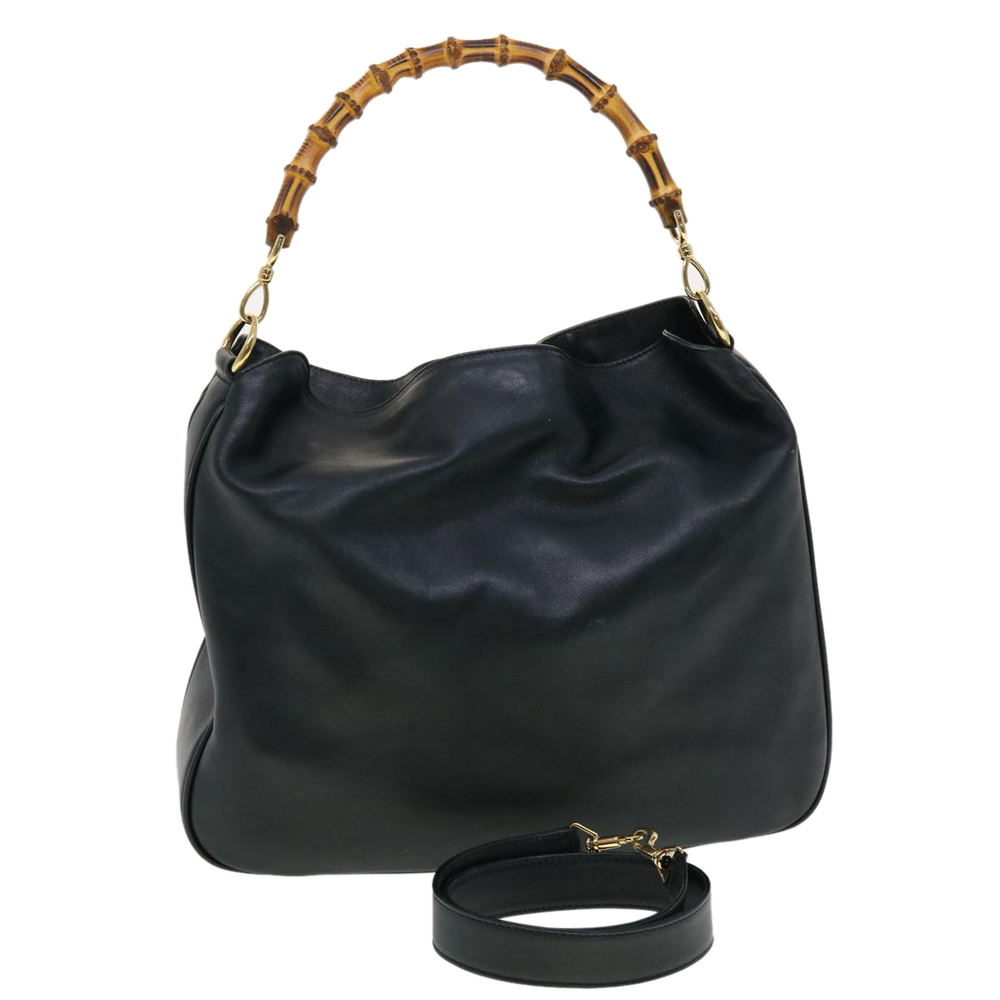 GUCCI Bamboo Hand Bag Leather 2way Navy 001.7265.1577 Auth yk6678B